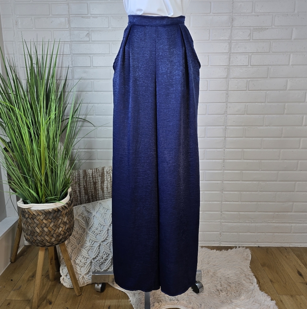 NWT Hummingbird Navy Blue Textured Wide Leg Pull On Pants Medium